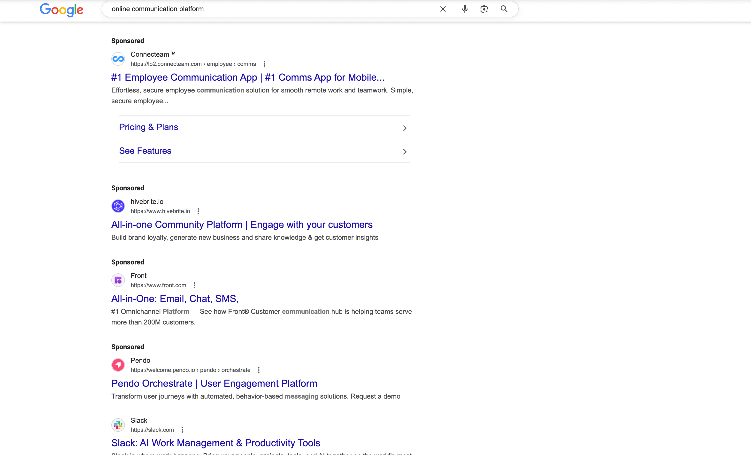 Search engine results for online communication platform